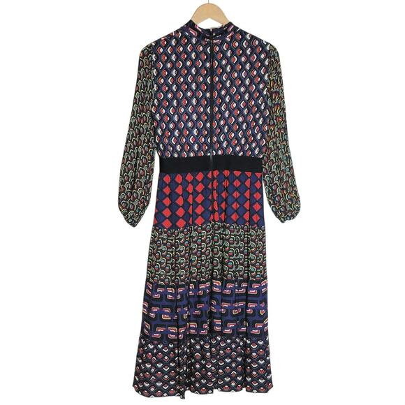 Alice + Olivia Karolina Mod Moon Tie Neck Blouson Sleeve Colorblock Midi Dress 6 - Picture 9 of 16